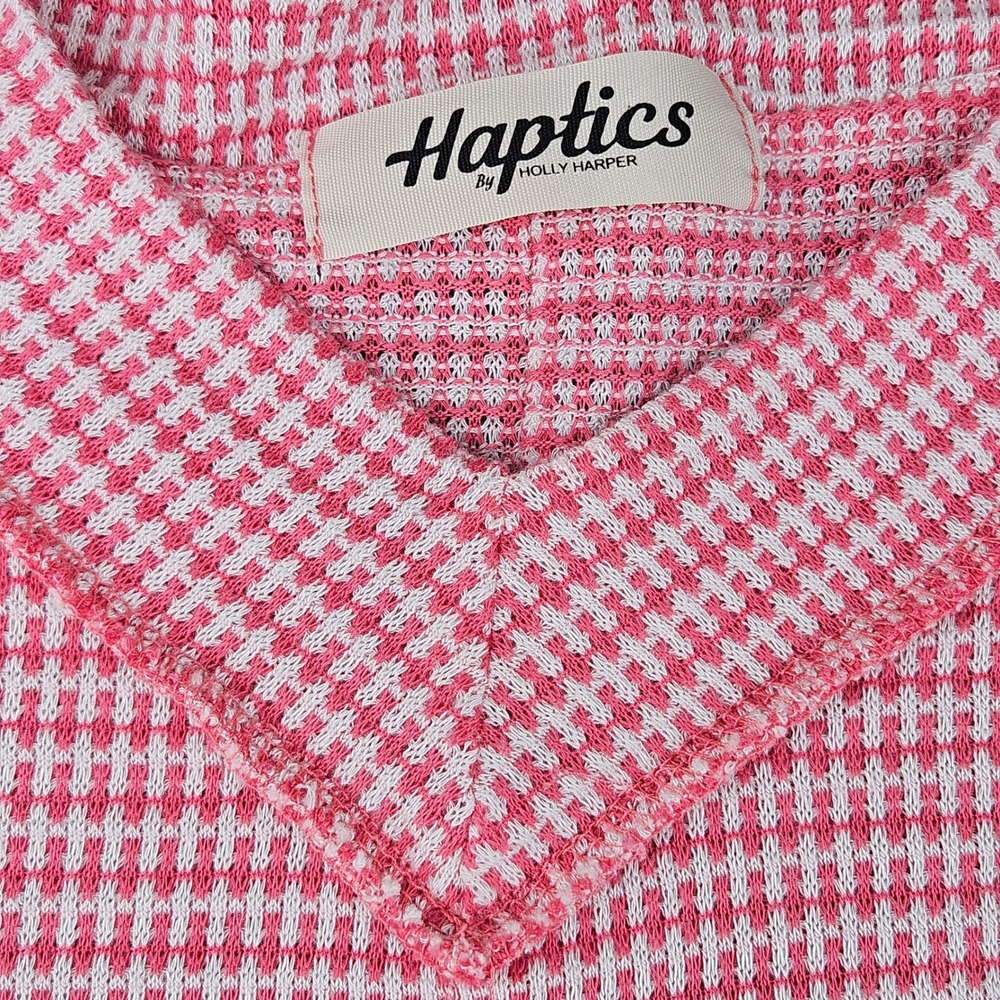Haptics by Holly Harper Pink Jacquard Gingham V-Neck Top Short Sleeve Loungewear